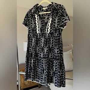 Stark X Black & White Geometric Dress with Ticking Trim & Ruffle Details, sz M
